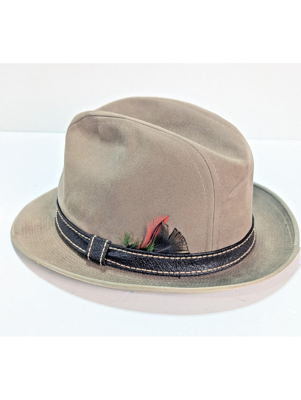 Vintage 1970's Stevens Tan Fedora Hat 7 3/8 Brown Leather Band Feather Men's